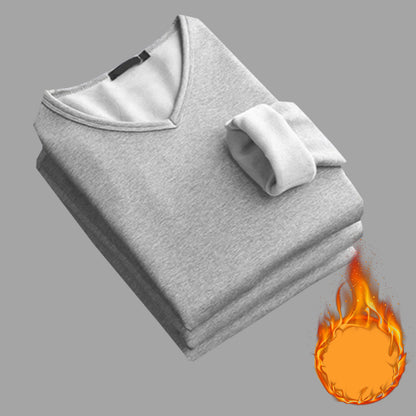 Mens Thickening Velvet Warm Tops, Winter Long Sleeved Thermal Underwear, Male V Neck Fashion Base Layer