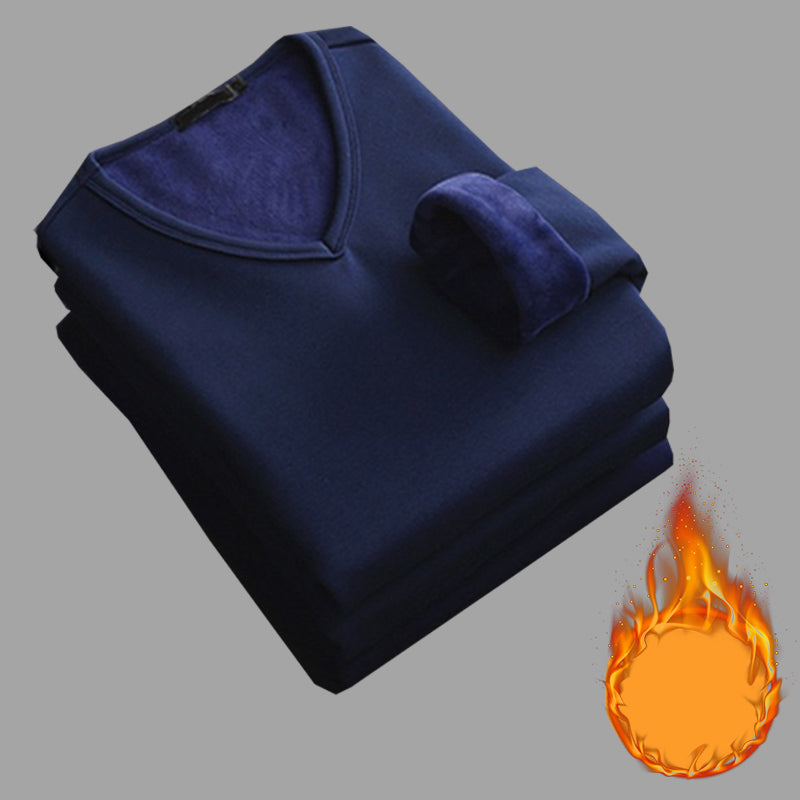 Mens Thickening Velvet Warm Tops, Winter Long Sleeved Thermal Underwear, Male V Neck Fashion Base Layer