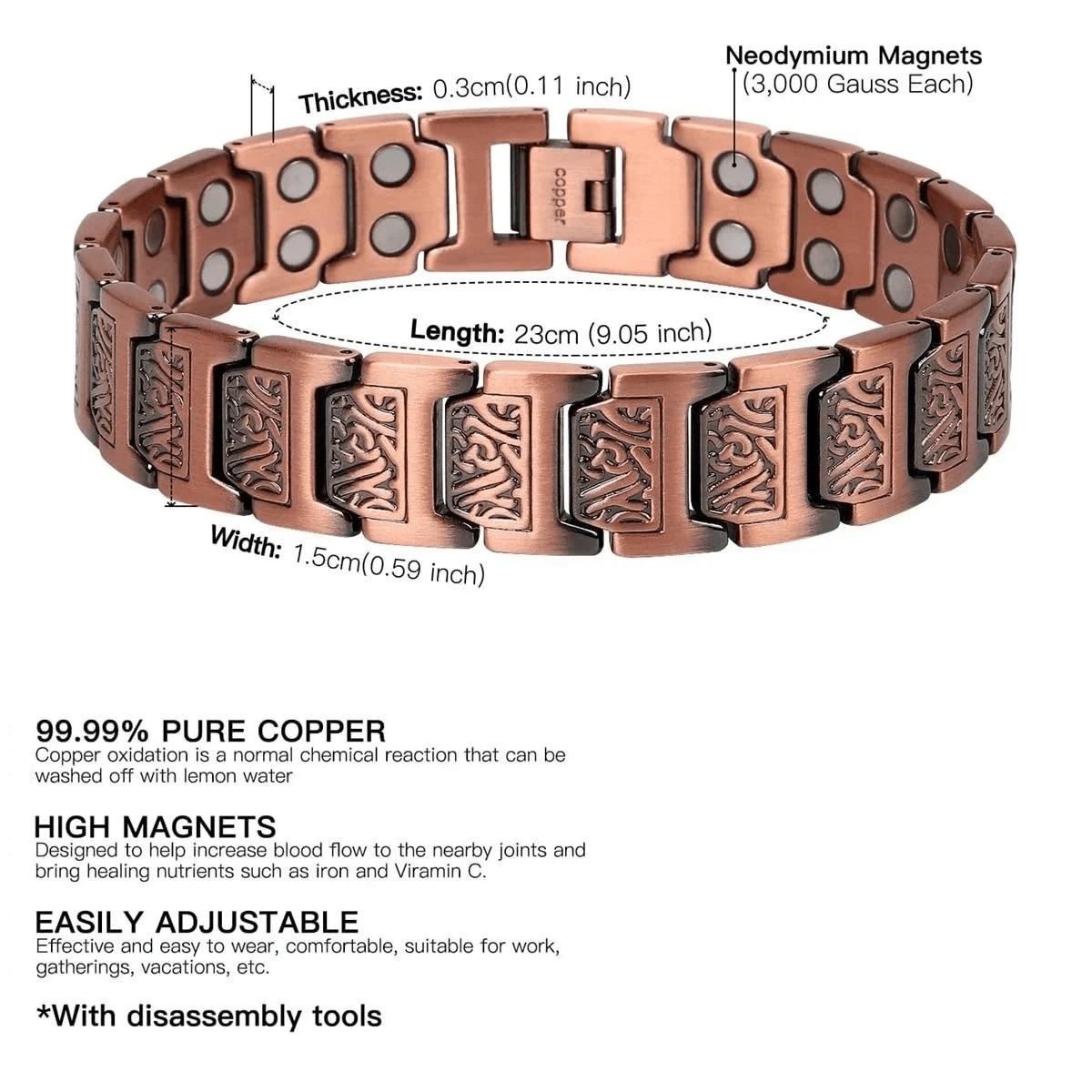 Pure Copper Magnetic Bracelet for Men with Adjustable Sizing Tool