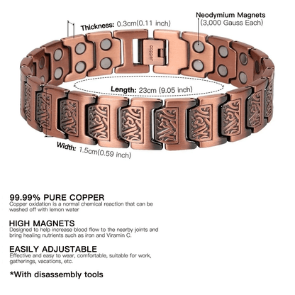 Pure Copper Magnetic Bracelet for Men with Adjustable Sizing Tool