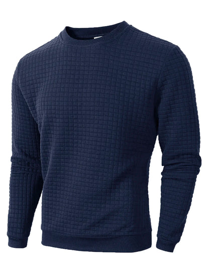 Autumn Mens Crew Neck Pullover, Solid Color Knitted Streetwear, Jacquard Check Sweatshirt Long Sleeve Warm Slim Sweaters