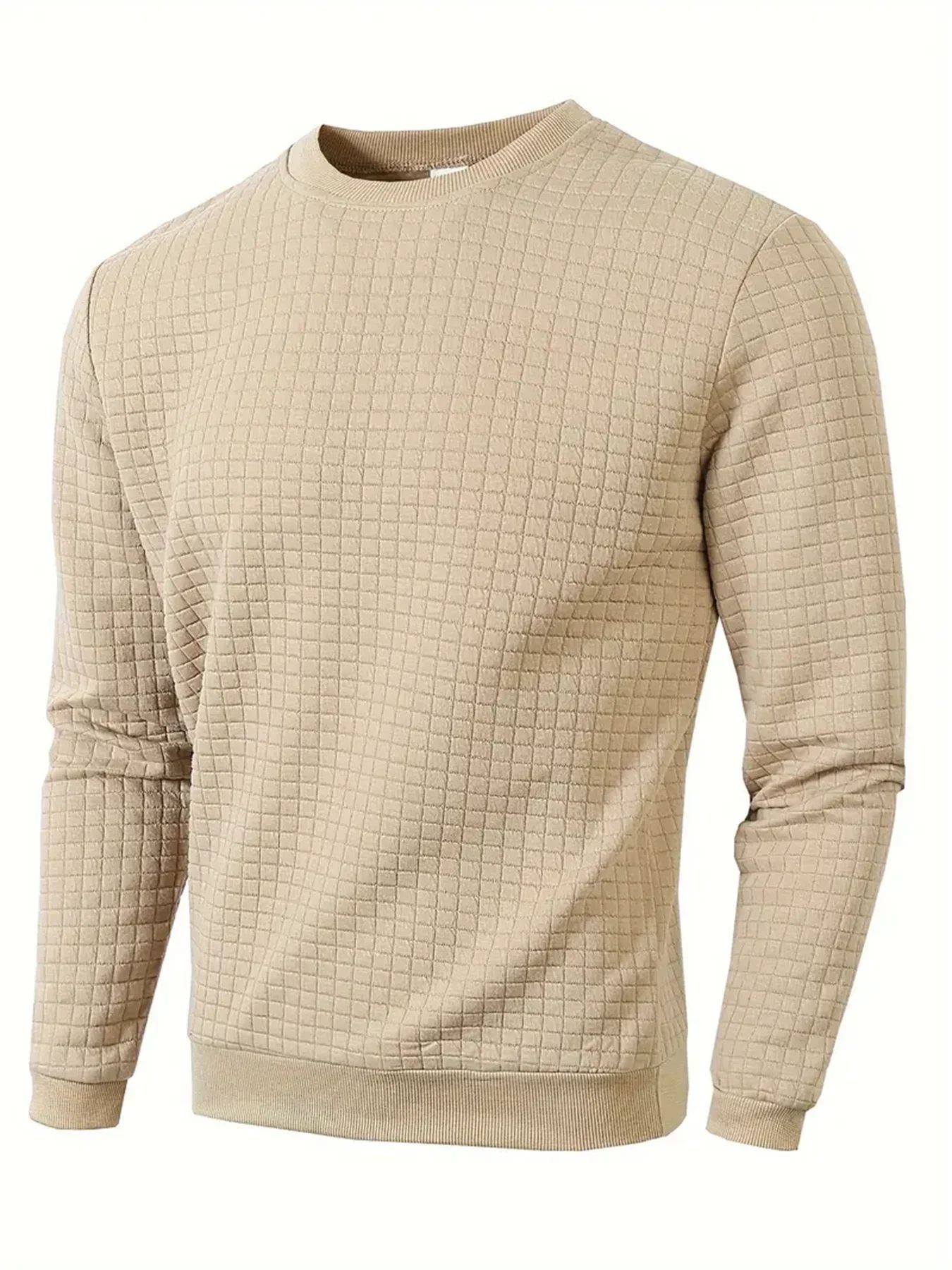 Autumn Mens Crew Neck Pullover, Solid Color Knitted Streetwear, Jacquard Check Sweatshirt Long Sleeve Warm Slim Sweaters