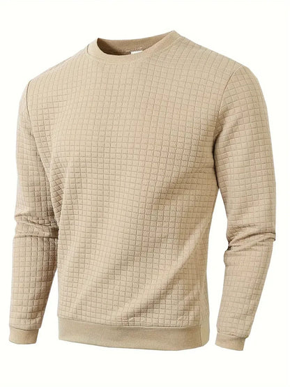 Autumn Mens Crew Neck Pullover, Solid Color Knitted Streetwear, Jacquard Check Sweatshirt Long Sleeve Warm Slim Sweaters