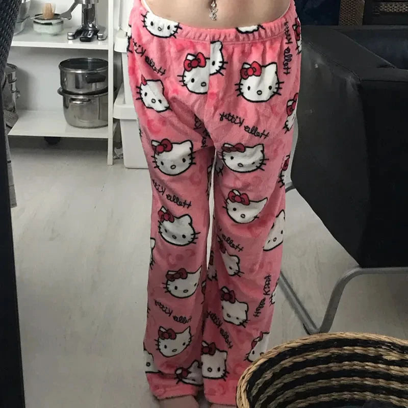 Home pajamas trousers casual set, pajamas cartoon couple walking, Hello Kitty pajamas anime women's lounge homewear
