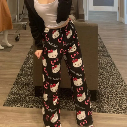 Home pajamas trousers casual set, pajamas cartoon couple walking, Hello Kitty pajamas anime women's lounge homewear