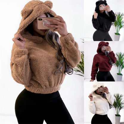 Cute Loose Hoodie With Bear Ears, Winter Korean Fashion, Fluffy Hooded Warm Sweatshirt, Solid Long Sleeve Top For Women