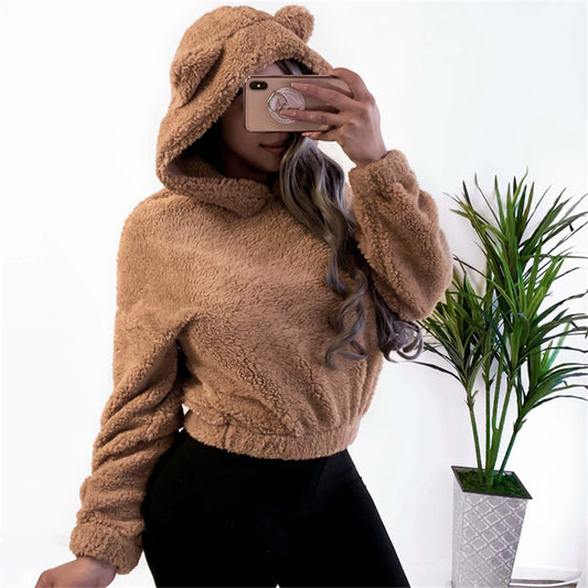 Cute Loose Hoodie With Bear Ears, Winter Korean Fashion, Fluffy Hooded Warm Sweatshirt, Solid Long Sleeve Top For Women
