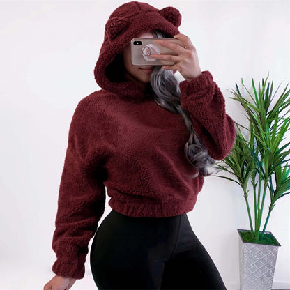 Cute Loose Hoodie With Bear Ears, Winter Korean Fashion, Fluffy Hooded Warm Sweatshirt, Solid Long Sleeve Top For Women