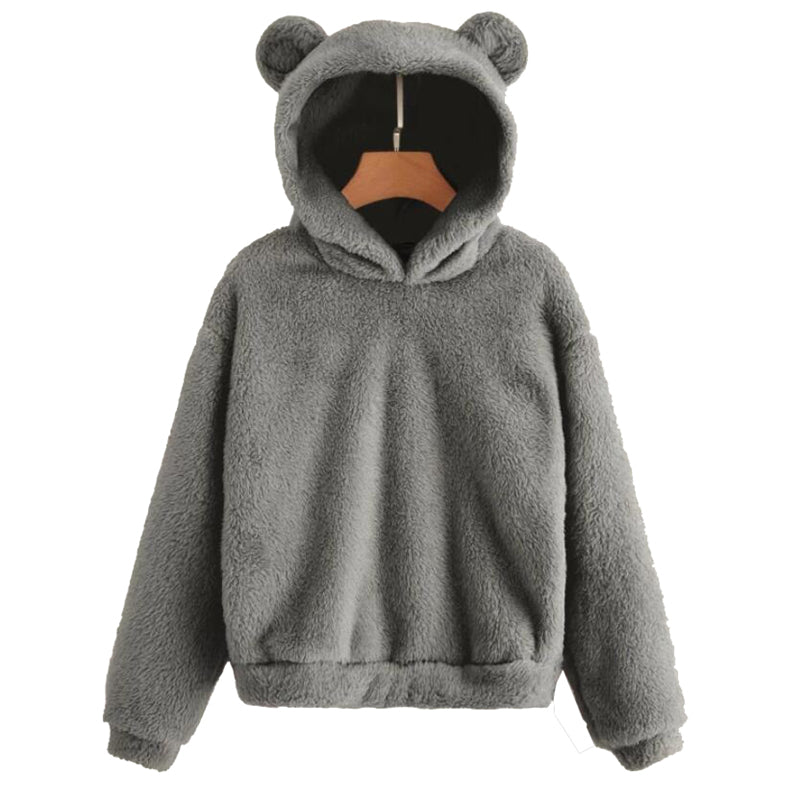 Cute Loose Hoodie With Bear Ears, Winter Korean Fashion, Fluffy Hooded Warm Sweatshirt, Solid Long Sleeve Top For Women