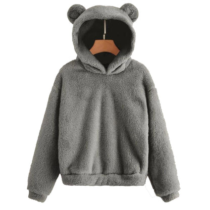 Cute Loose Hoodie With Bear Ears, Winter Korean Fashion, Fluffy Hooded Warm Sweatshirt, Solid Long Sleeve Top For Women
