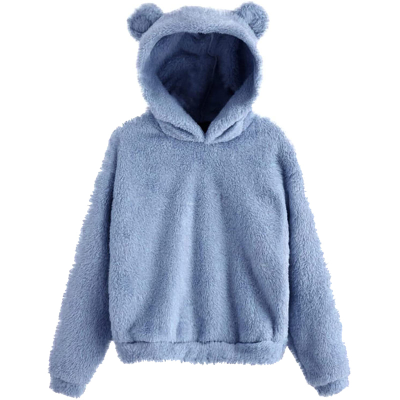 Cute Loose Hoodie With Bear Ears, Winter Korean Fashion, Fluffy Hooded Warm Sweatshirt, Solid Long Sleeve Top For Women