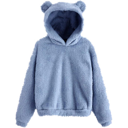 Cute Loose Hoodie With Bear Ears, Winter Korean Fashion, Fluffy Hooded Warm Sweatshirt, Solid Long Sleeve Top For Women