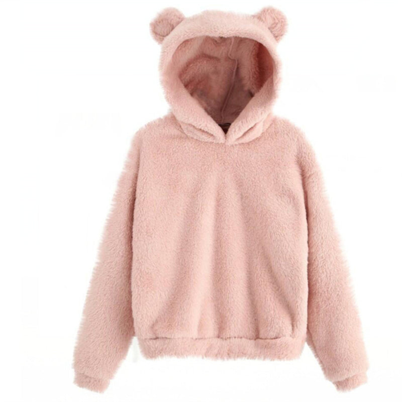Cute Loose Hoodie With Bear Ears, Winter Korean Fashion, Fluffy Hooded Warm Sweatshirt, Solid Long Sleeve Top For Women