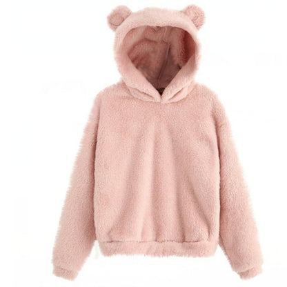 Cute Loose Hoodie With Bear Ears, Winter Korean Fashion, Fluffy Hooded Warm Sweatshirt, Solid Long Sleeve Top For Women