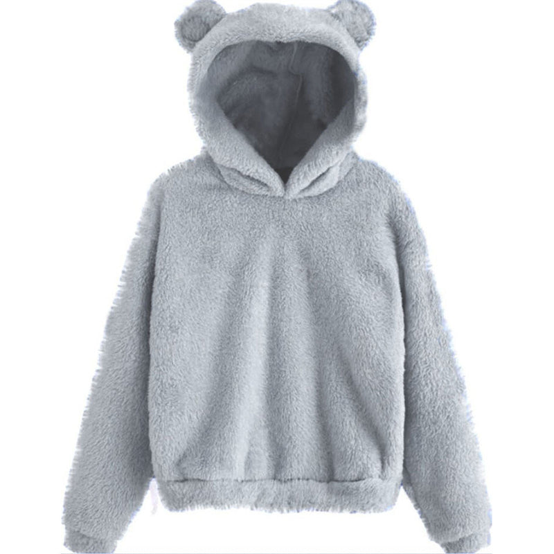 Cute Loose Hoodie With Bear Ears, Winter Korean Fashion, Fluffy Hooded Warm Sweatshirt, Solid Long Sleeve Top For Women