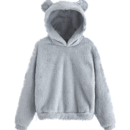 Cute Loose Hoodie With Bear Ears, Winter Korean Fashion, Fluffy Hooded Warm Sweatshirt, Solid Long Sleeve Top For Women
