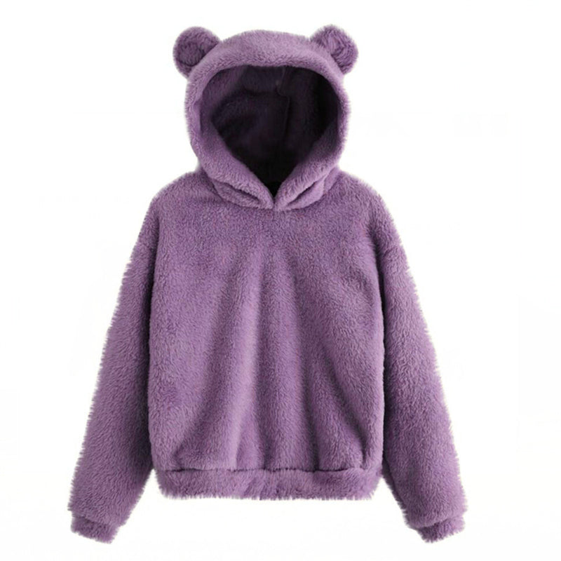 Cute Loose Hoodie With Bear Ears, Winter Korean Fashion, Fluffy Hooded Warm Sweatshirt, Solid Long Sleeve Top For Women
