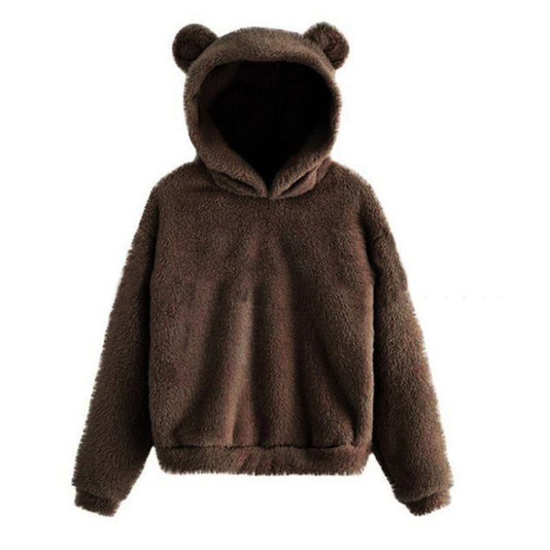 Cute Loose Hoodie With Bear Ears, Winter Korean Fashion, Fluffy Hooded Warm Sweatshirt, Solid Long Sleeve Top For Women
