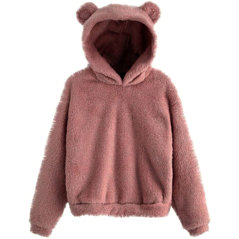Cute Loose Hoodie With Bear Ears, Winter Korean Fashion, Fluffy Hooded Warm Sweatshirt, Solid Long Sleeve Top For Women