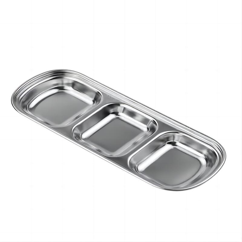 Stainless Steel 3-compartment Dip Tray, BBQ Seasoning Sauce Tray, Restaurant Cutlery for Sauces & Spices