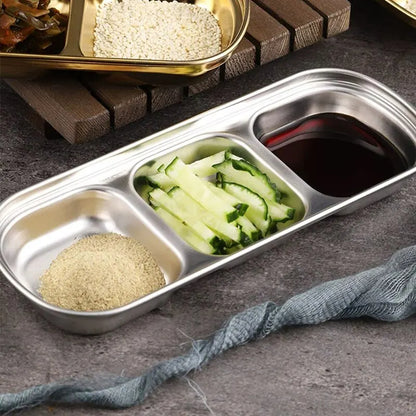 Stainless Steel 3-compartment Dip Tray, BBQ Seasoning Sauce Tray, Restaurant Cutlery for Sauces & Spices