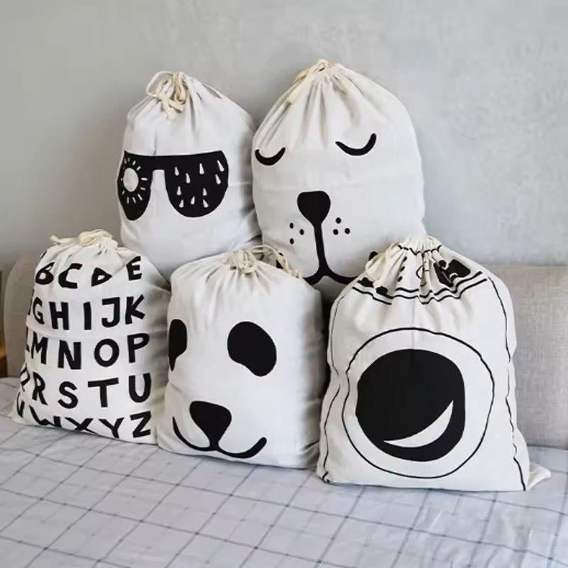 Large Cotton and Linen Laundry Bag Clothes and Toys Storage Bag Printed Fabric Drawstring Duffle Organizer