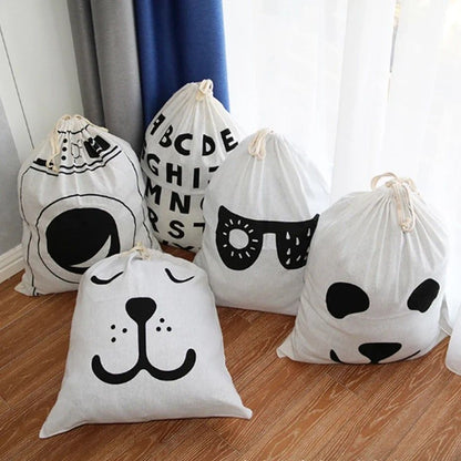 Large Cotton and Linen Laundry Bag Clothes and Toys Storage Bag Printed Fabric Drawstring Duffle Organizer