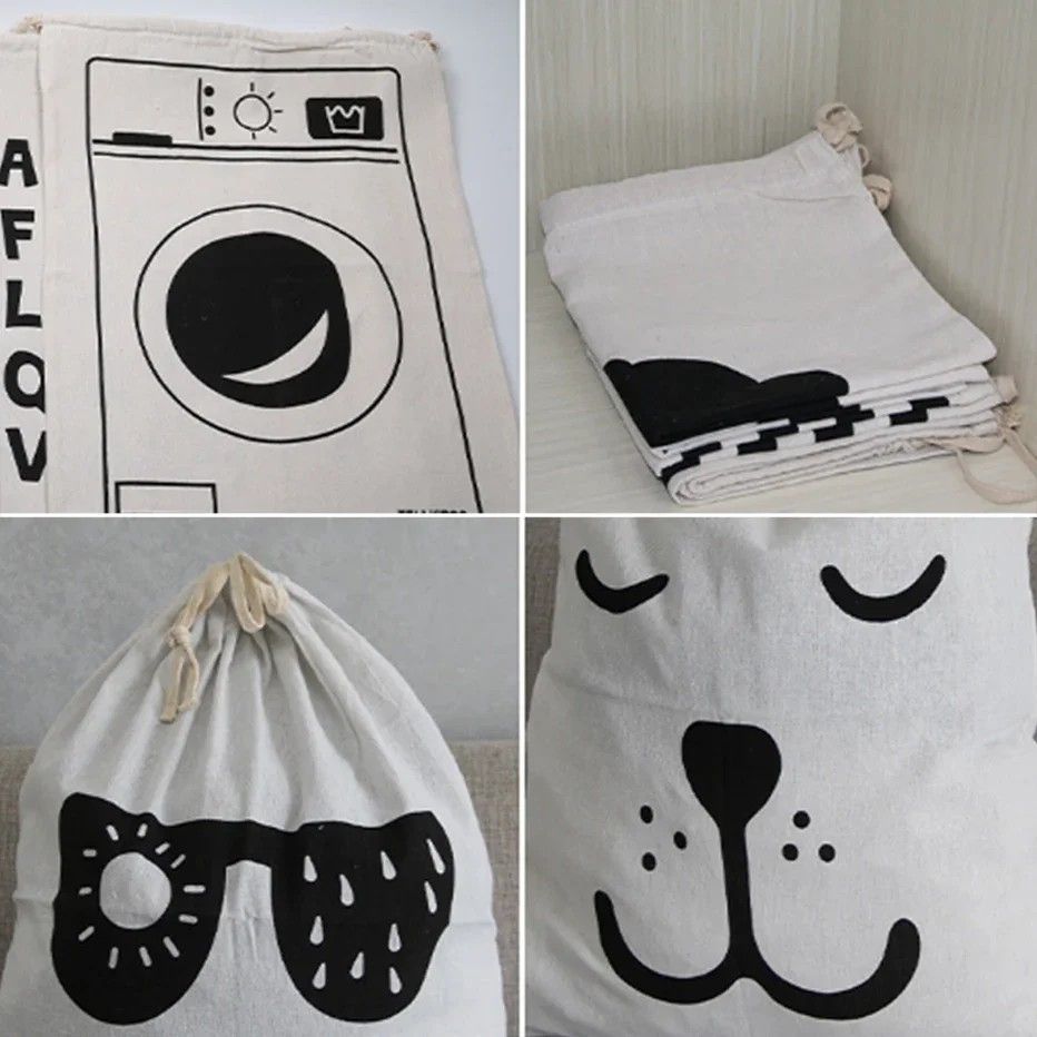 Large Cotton and Linen Laundry Bag Clothes and Toys Storage Bag Printed Fabric Drawstring Duffle Organizer