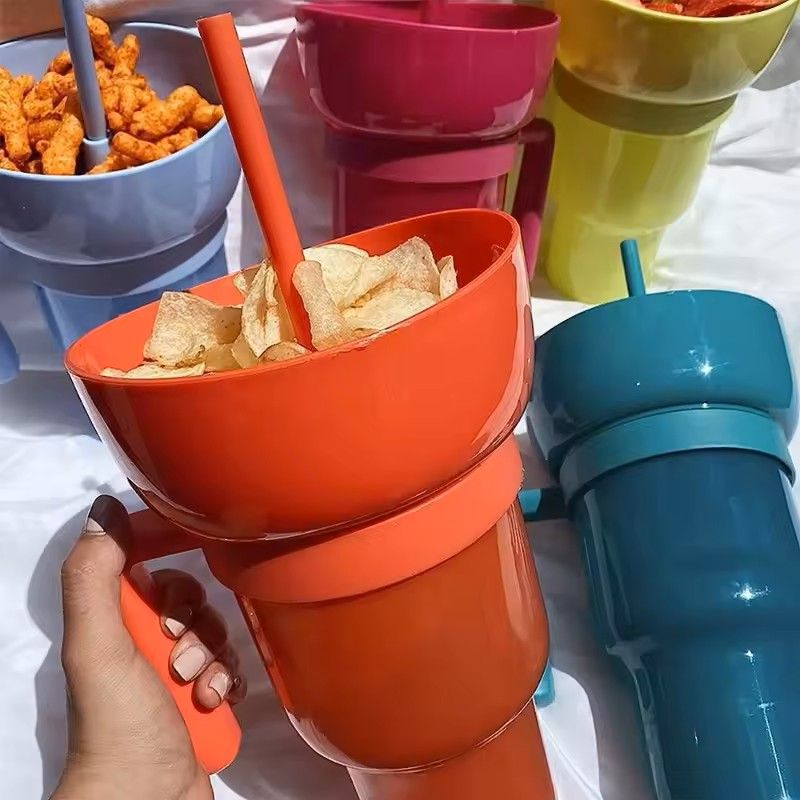 2 in 1 Snack and Drink Cup with Handle Portable Popcorn and Beverage Container for Kids and Adults
