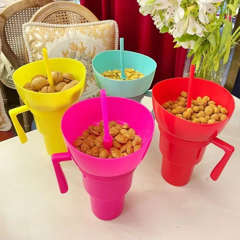 2 in 1 Snack and Drink Cup with Handle Portable Popcorn and Beverage Container for Kids and Adults