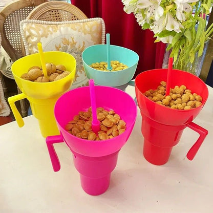 2 in 1 Snack and Drink Cup with Handle Portable Popcorn and Beverage Container for Kids and Adults