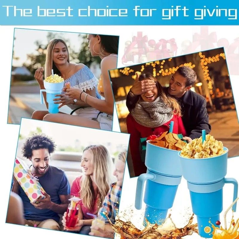 2 in 1 Snack and Drink Cup with Handle Portable Popcorn and Beverage Container for Kids and Adults