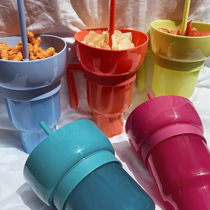 2 in 1 Snack and Drink Cup with Handle Portable Popcorn and Beverage Container for Kids and Adults