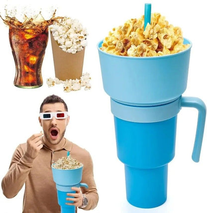2 in 1 Snack and Drink Cup with Handle Portable Popcorn and Beverage Container for Kids and Adults