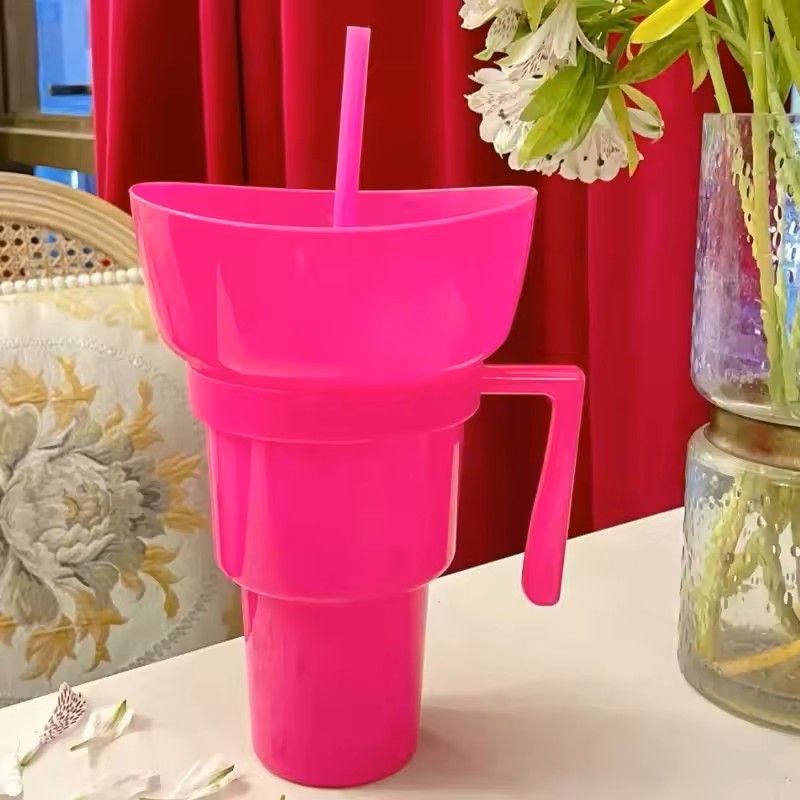 2 in 1 Snack and Drink Cup with Handle Portable Popcorn and Beverage Container for Kids and Adults