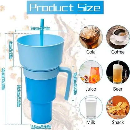 2 in 1 Snack and Drink Cup with Handle Portable Popcorn and Beverage Container for Kids and Adults