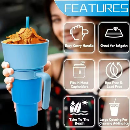 2 in 1 Snack and Drink Cup with Handle Portable Popcorn and Beverage Container for Kids and Adults