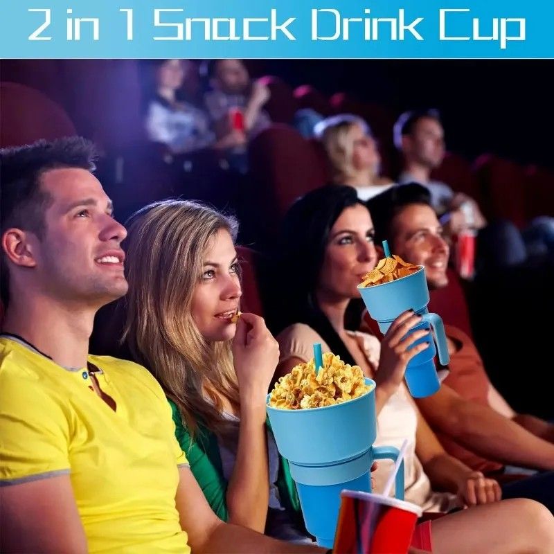 2 in 1 Snack and Drink Cup with Handle Portable Popcorn and Beverage Container for Kids and Adults
