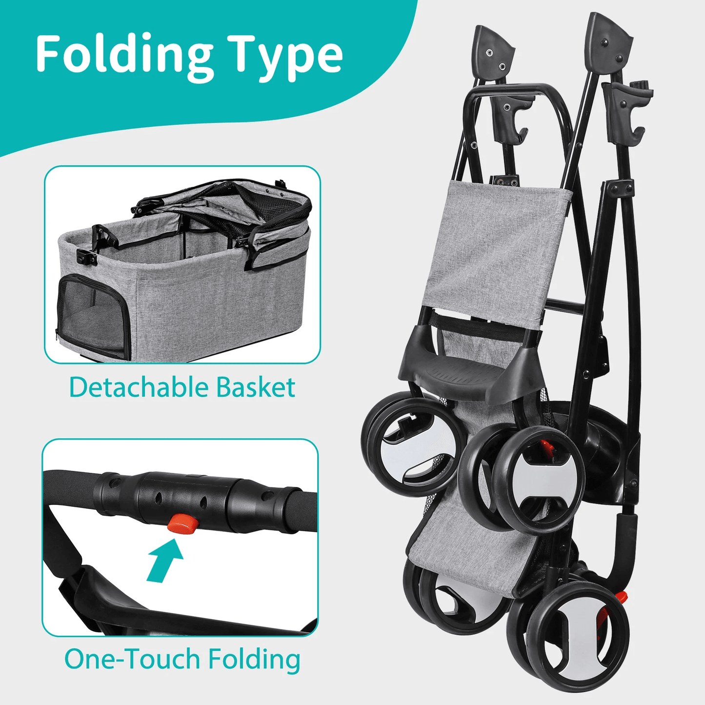 3-in-1 Foldable Pet Stroller, Detachable Carrier Car Seat, Cat Dog Strollers for Travel, Lightweight Durable Design