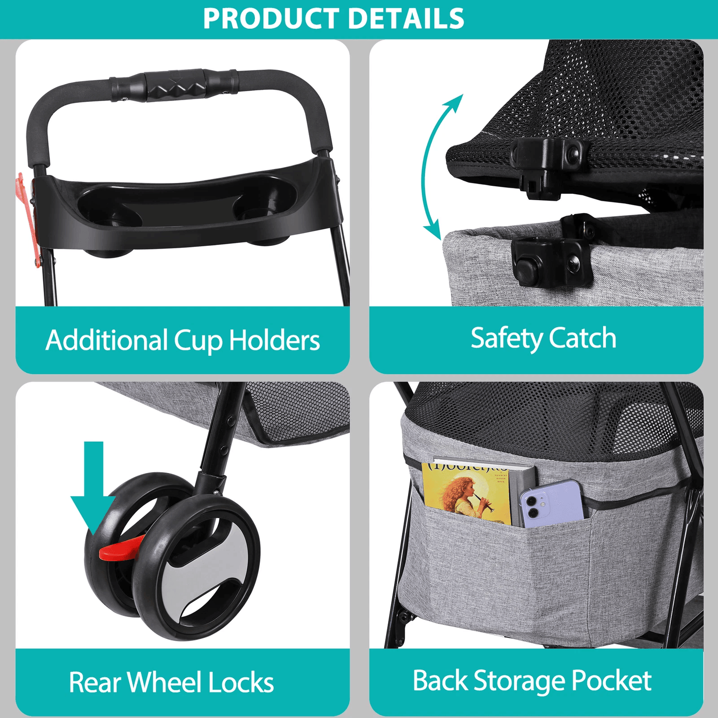 3-in-1 Foldable Pet Stroller, Detachable Carrier Car Seat, Cat Dog Strollers for Travel, Lightweight Durable Design