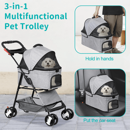 3-in-1 Foldable Pet Stroller, Detachable Carrier Car Seat, Cat Dog Strollers for Travel, Lightweight Durable Design