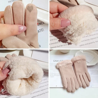 Fashion Suede Women Winter Gloves, Thick Plush Touchscreen Driving Sports Mittens