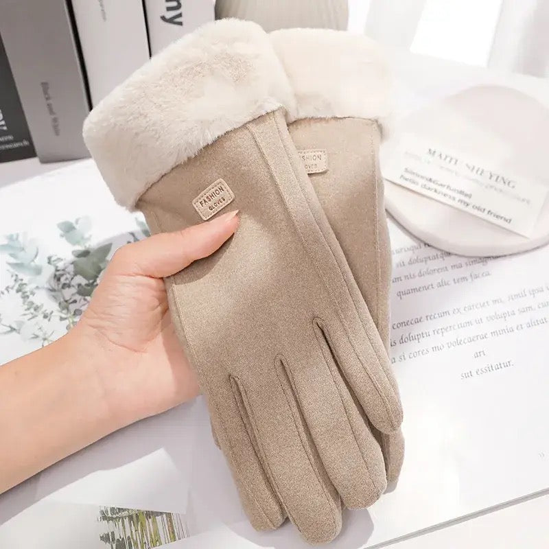 Fashion Suede Women Winter Gloves, Thick Plush Touchscreen Driving Sports Mittens
