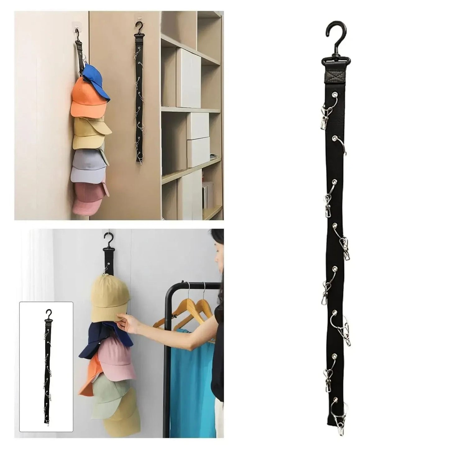 Hanging Hat Rack with Hook and Metal Clips Hat Organizer for Baseball and Golf Caps