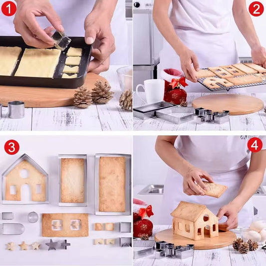 Stainless Steel Holiday Gingerbread House Cookie Cutter Set - 10-Piece Christmas Baking Kit