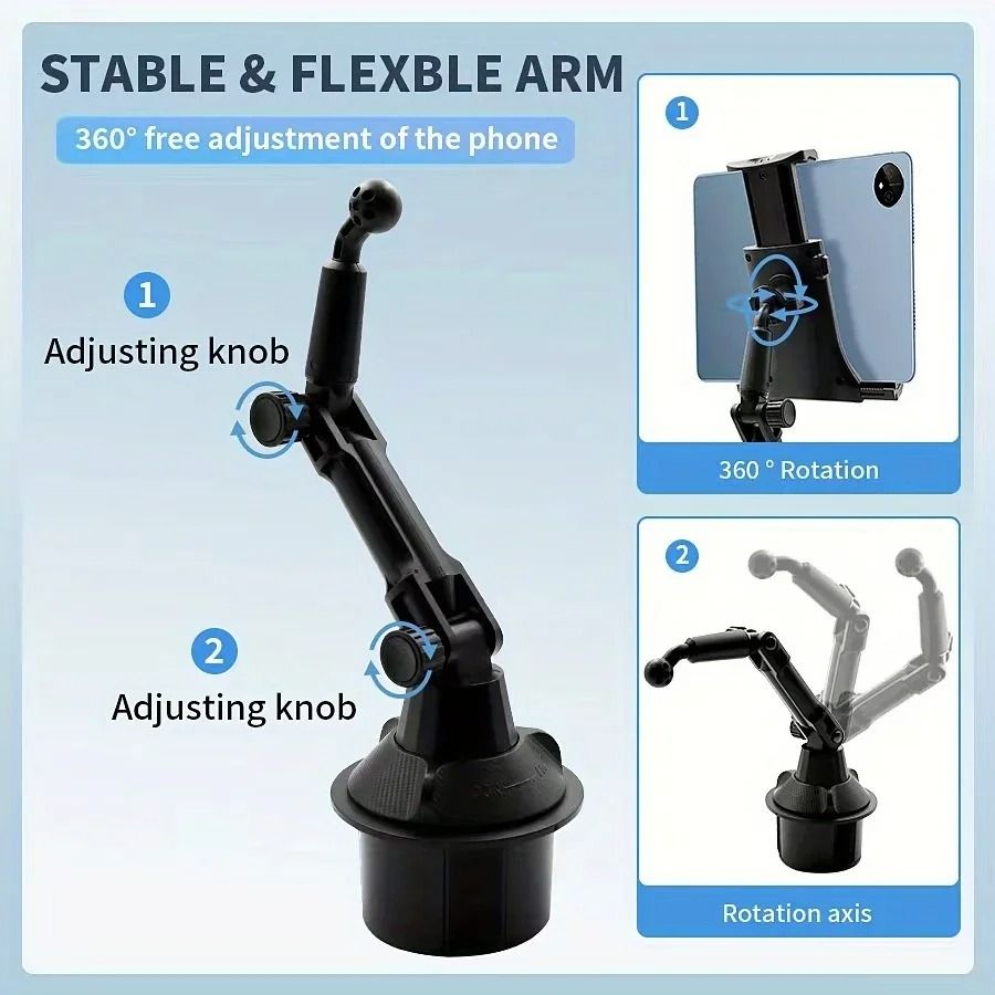 Car Cup Holder Tablet and Phone Mount with Heavy Duty Adjustable Base and 360 Degree Rotation