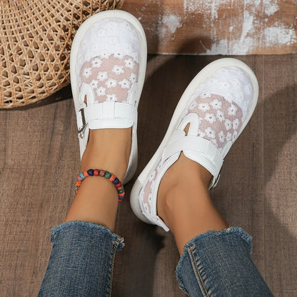 Womens Summer Mesh Sneakers Casual Breathable Flat Shoes with Buckle Latch Covered Toe Design