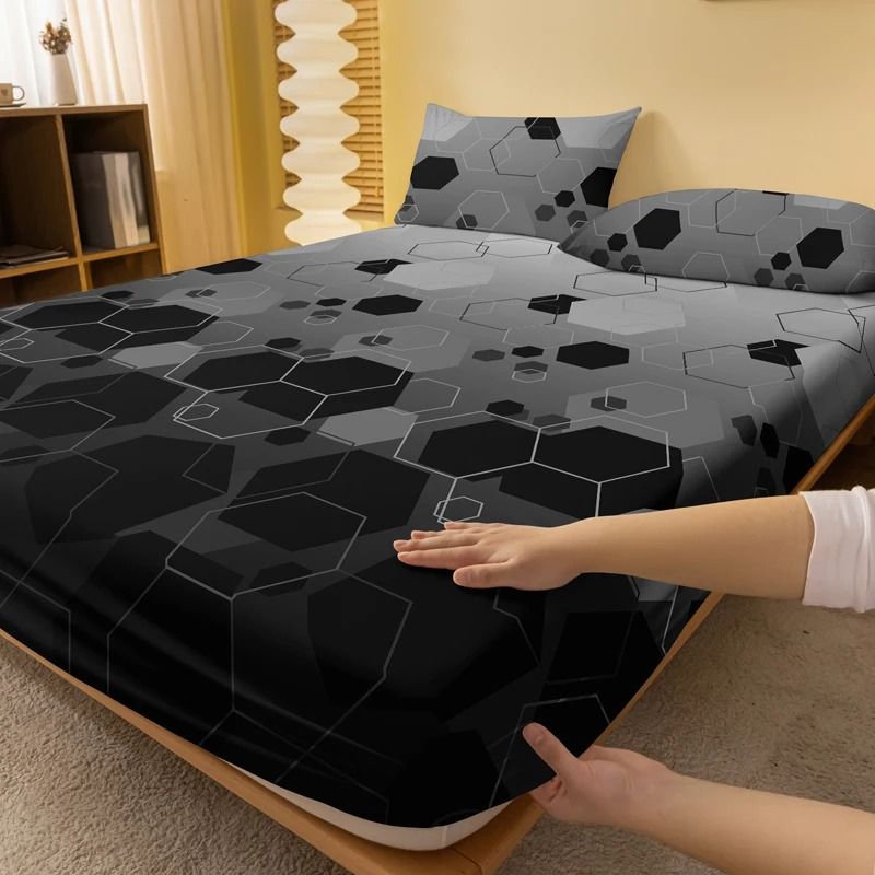 Simple Modern Geometry Printed Matte Fitted Sheet Bedroom Bed Cover (Pillowcases Not Included)