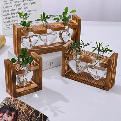 Transparent Heart Shaped Glass Vase with Wooden Frame for Hydroponic Plant Propagation