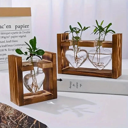 Transparent Heart Shaped Glass Vase with Wooden Frame for Hydroponic Plant Propagation